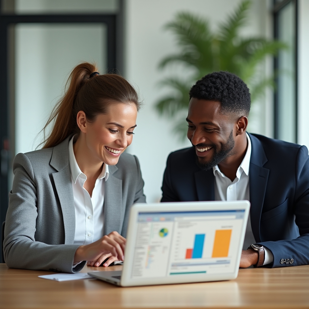 Two colleagues reviewing a spreadsheet together on a laptop during a training session