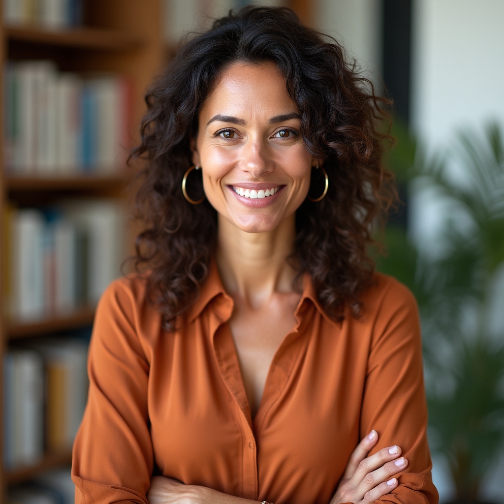 Portrait of a course instructor smiling warmly in a bright office setting